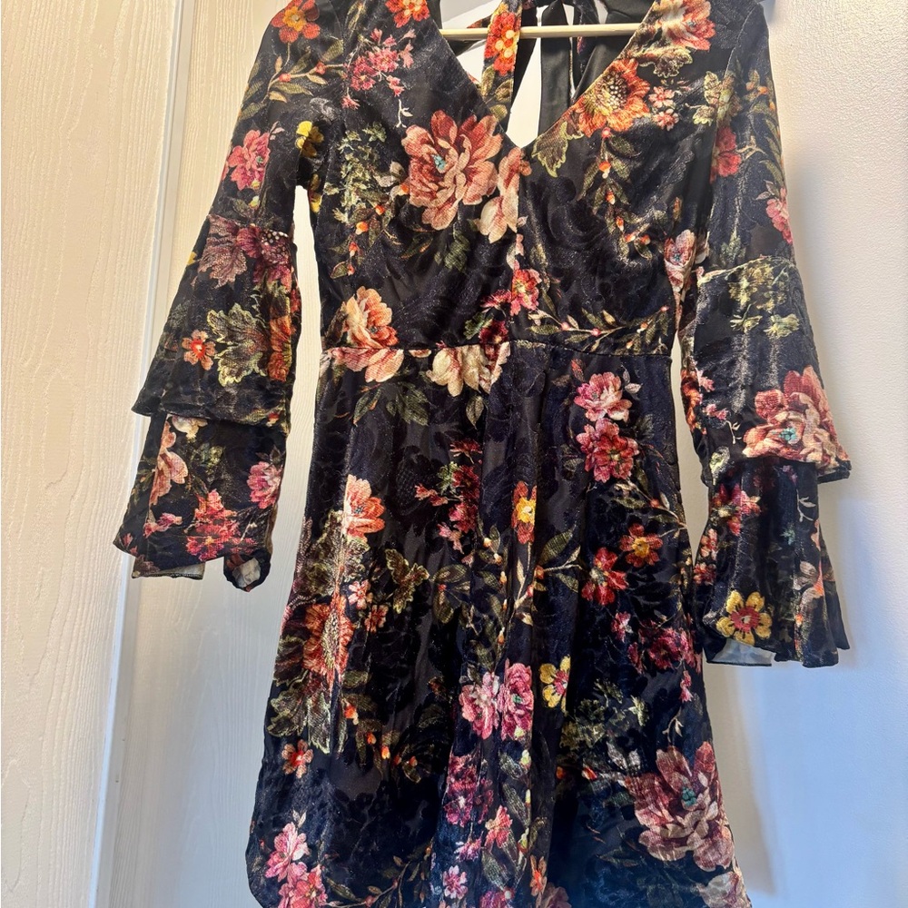 Vintage Pink and Black Ruffled Bell Sleeve Dress